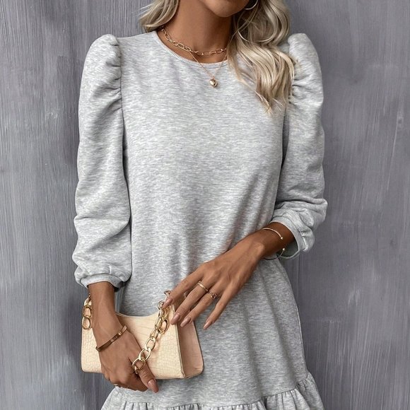 . Dresses & Skirts - Grey Casual Womens Puff Sleeve Ruffle Hem Smock Dress